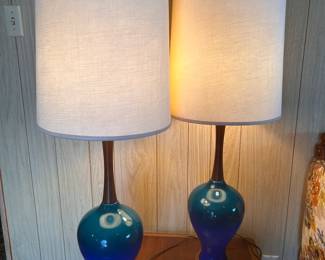 SET- MCM BLUE DRIP GLAZE LAMPS WITH WALNUT 