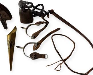 Vintage Decor Including Brass Match Holder, Cow Bell, Spurs, More 