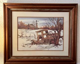 Print artwork by Jon Birdsong depicting a winter farm scene with a barn, windmill, old truck on a snowy landscape.