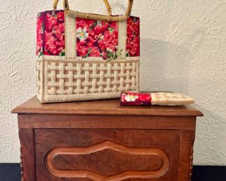 Vintage needlepoint purse with matching glass case