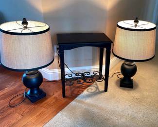 Wooden Accent Table Two Lamps