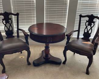 Round Wooden Table And 2 Decorative Lion Claw Wood Chairs