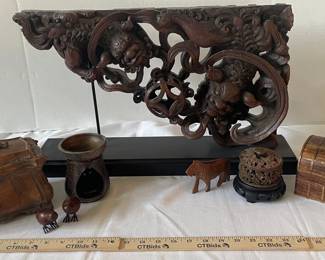 Asian Foo Dog Sculpture, Wood Stone Decor 