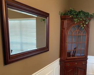 Solid Wood Corner Hutch Display Cabinet With Drawer And Bottom Shelf Unit, And Large Matching Mirror