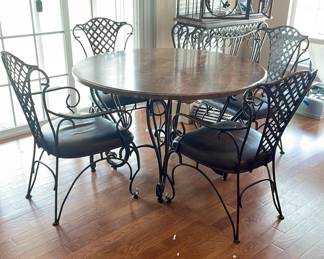 Round Stone Top Table With Iron Base 4 Iron Chairs