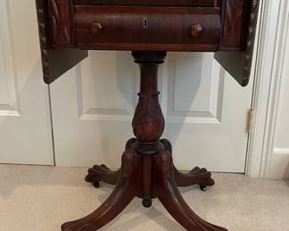 Antique Empire Carved Flame Mahogany Drop Leaf Sewing Side Table