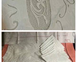Antique Linens Cut Work And Large Tassled Tablecloth
