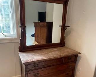 Stone Topped Carved Dresser With Mirror
