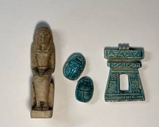 Egyptian Brass Sphinx Inkwell, Two Scarabs, Amulet, and Figure