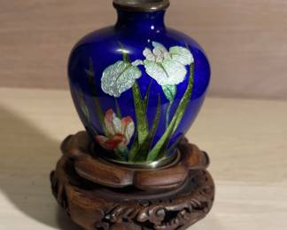 Small Japanes Cloisonne Vase On Wood Pedestal