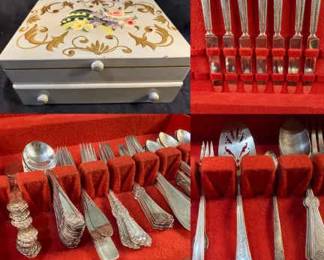 Hand Painted Flatware Box W Variety Of Silverplate Flatware