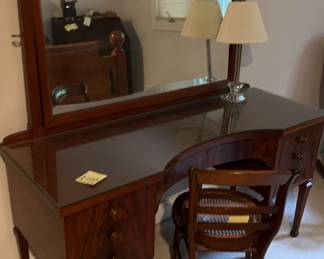 Mahogany Dressing Table Vanity With Chair, Mirror And Lamp