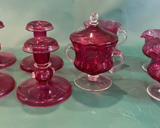 Cranberry Glass Creamers, Sugar And Candle Stick Holders