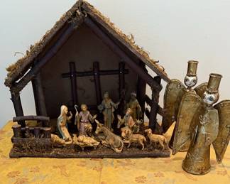 Vintage Italian Nativity And DeSela Paper Mache Candle Holders
