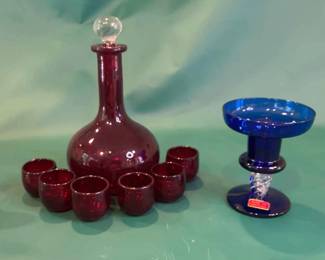 Ruby Red Glass Set And Blue Candle Holder