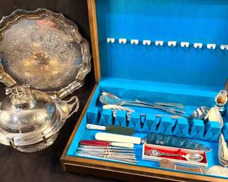 Silver Plate Butter Dish,Tray, Flatware Box Of Silverplate Serving Pieces