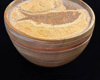 Susan Zalkind and Paul Hawkins carved stone box with a fossil in the lid.