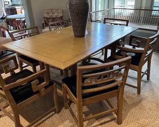 Asian motif table and 6 chairs, 1 leaf for table.