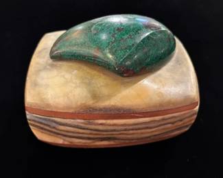 Susan Zalkind and Paul Hawkins carved stone box with turqouise on the lid. We have a new estate with a number of alabaster boxes. 