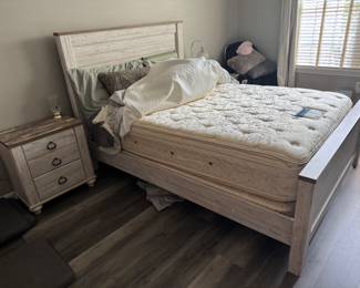 Driftwood Queen size bed with 2 size night stands Queen size mattress King Coil Heirloom covered with protector and in excellent condition