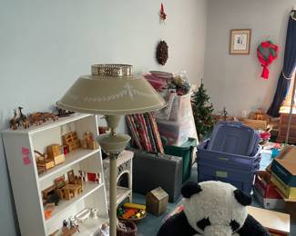 vintage dollhouse furniture, floor lamp, stuffed animals, wrapping paper, retro Christmas decor, children's toys and games
