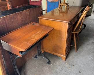 vintage desk and chair, wooden table lamp, schoolhouse desk