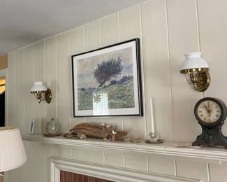 nautical decor, artwork, vintage pottery, and glass candleholders