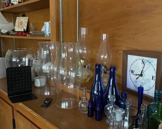 nautical decor, vintage colored glass bottles