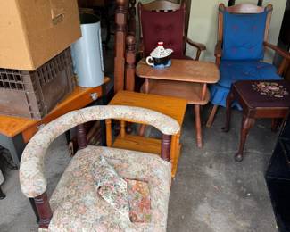 vintage upholstered corner chair, wood side table