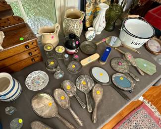 Handheld vanity mirrors $10-25, vanity jars and items $5-25, carved oak jewelry chest $50, glass and porcelain vases, pitchers etc. most $5-10