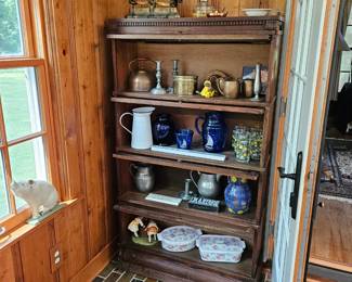 Oak Stacking Bookcase, Iron Scale, Glassware and Pottery.