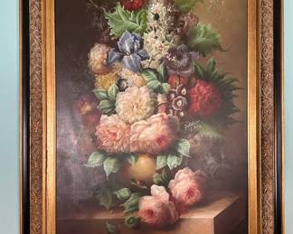 Framed floral still life $100
