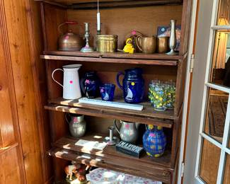 Stacking bookcase, scale set $50, misc metalware pieces most $5-10, glass drinkware most $5-25