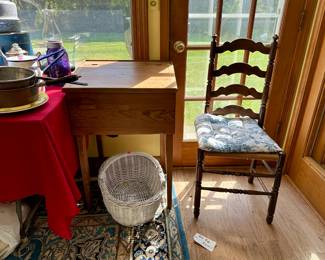 Oak desk $50, painted basket $10, set of six ladder back chairs $100