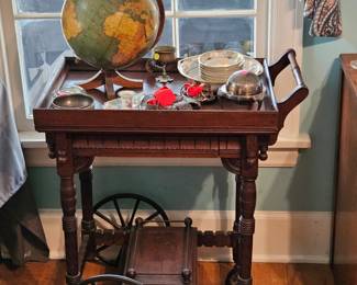 Walnut Tea Cart, Globe, Silverplate.