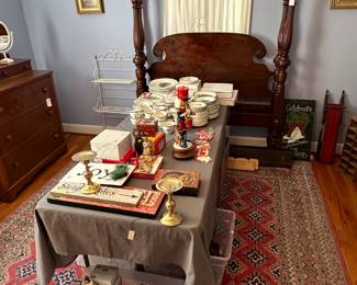 Full size four post bed $650, various decorative and tableware items