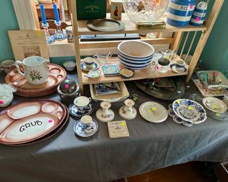 Various ceramic and glass pieces most $1-10, glass bowl with bird decoration $25