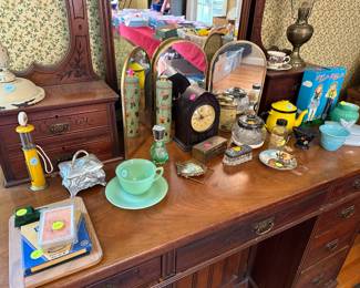 Misc dresser items, toys, porcelain and glass tableware most $1-25