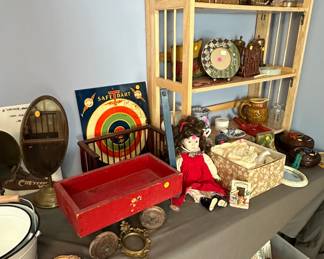 Vintage toys and signs most $25, vintage dolls most $10,  various items including bookends, frames most $10-25