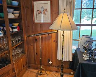 Brass Telescope, Floor Lamp, Bowls, and Glassware.
