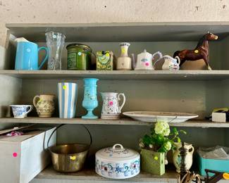 Garage items, art pottery, porcelain tableware, figures, etc