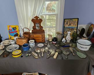 Toy dresser, Silver brush and mirror,  misc porcelain.