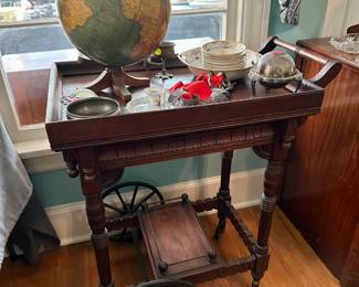 Walnut tea cart, vintage globe $25, various ceramic and metalware pieces most $1-25