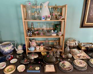 Ceramic pieces most $10-50, Silverplate pieces most $10-25, glass decanters $10-25