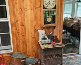 Store Regulator, Wicker Table, Copper Pans, Childs Chair.