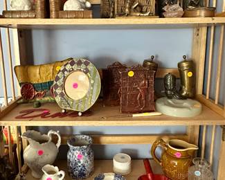 Vintage toys and signs most $25, vintage dolls most $10,  various items including bookends, frames most $10-25, glass and porcelain vases, pitchers etc. most $5-10