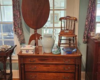 Walnut Lampstand, Ewer, Van Briggle Bowl, Mahogany Pull out Dining Table. 