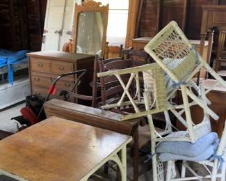 Barn items, painted wicker furniture, misc furniture