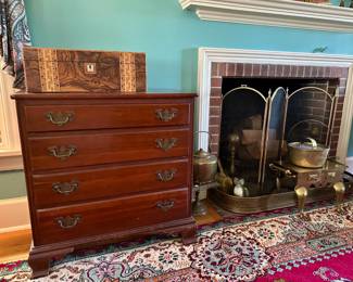 Cherry chest $100, Burled Walnut writing box $100, fireplace accessories