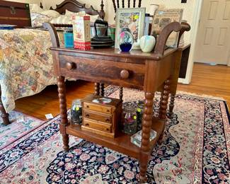 Dry wash stand $50, jars of buttons $1, jewelry chest $10, paperweights $5-10, 